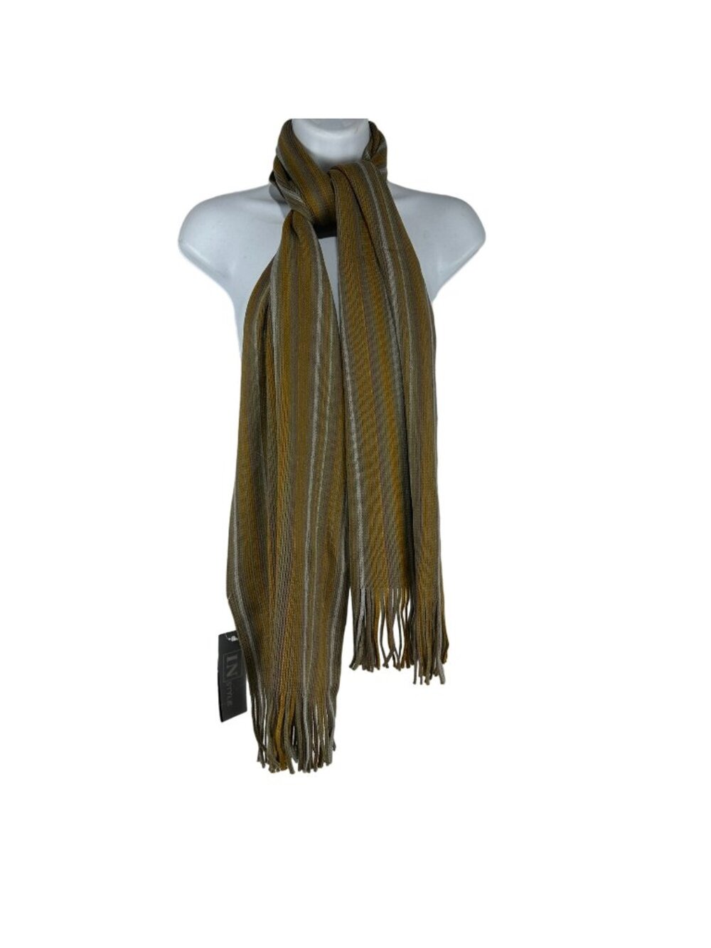 In Style Striped Acrylic Unisex Scarf Fringe Design Brown & Gold